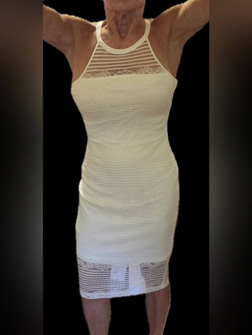 Guess Sleeveless Lace-Trim Bodycon Dress in Cream/White
